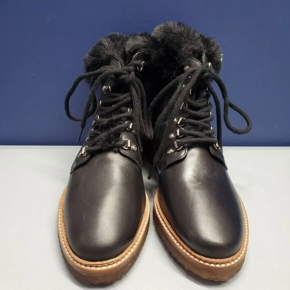 Botkier Winter Boots Women Size 7.5 Black Leather Faux Fur Trim Gum Sole Lace Up